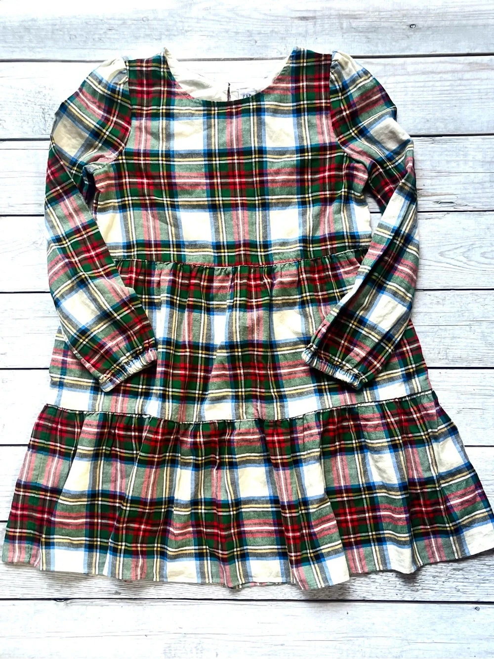 GAP Girls Plaid Tiered Long-Sleeve Dress - Cream, Red & Green